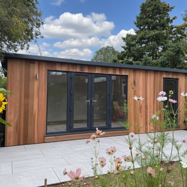 7.2m x 3m Contemporary Overhang Studio with French doors and external partition