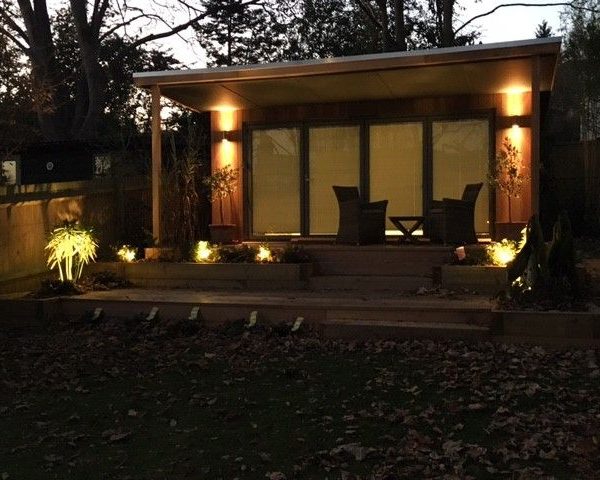 5m x 3.5m studio with bespoke overhanging roof and outside lights