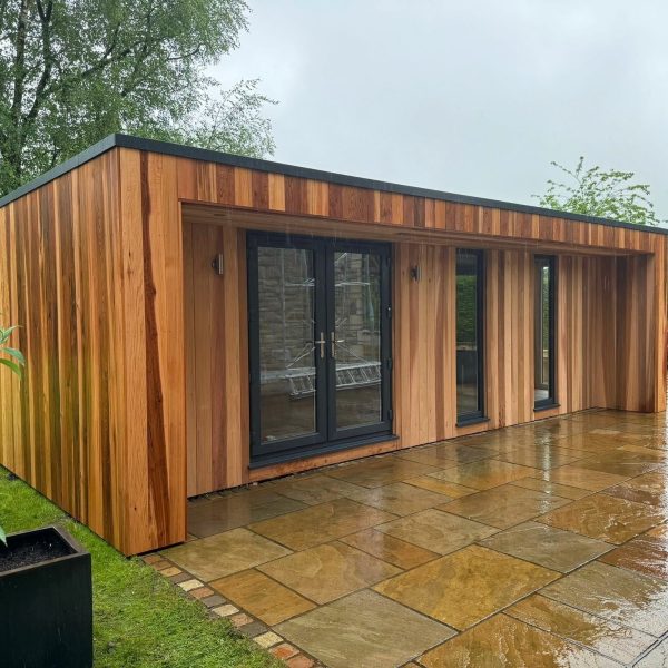 Bespoke 7.5m x 3.5m bespoke studio with side cheeks, french doors and full height fixed windows