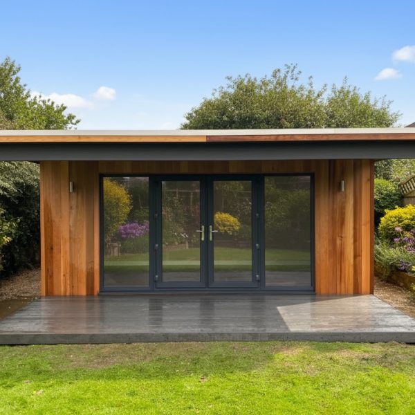 contemporary bespoke studio with decking and overhang